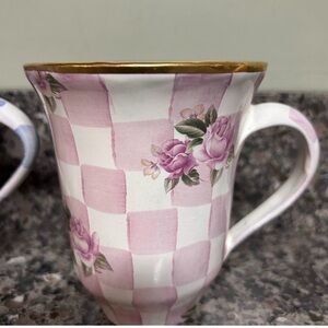 MacKenzie-Childs Pink Checkered Mug with Floral and Gold Accents